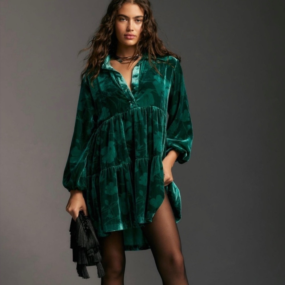 Anthropologie Maeve The Bettina Tiered Mini Shirt Dress in Emerald Velvet